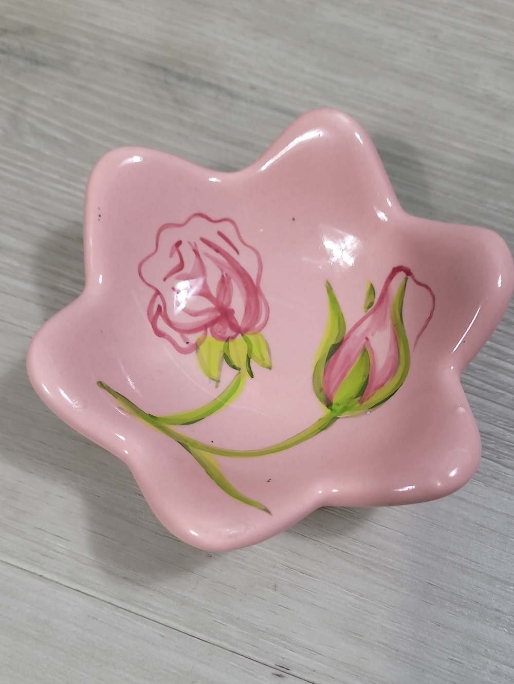 Vintage PartyLite Pink Floral Trinket Dish Curved Sides Jewelry Cottage Granny